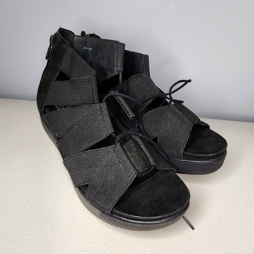 Eileen Fisher Women's Link Sandal Size 6.5 Platform Wedge Black Gladiator Zip Up